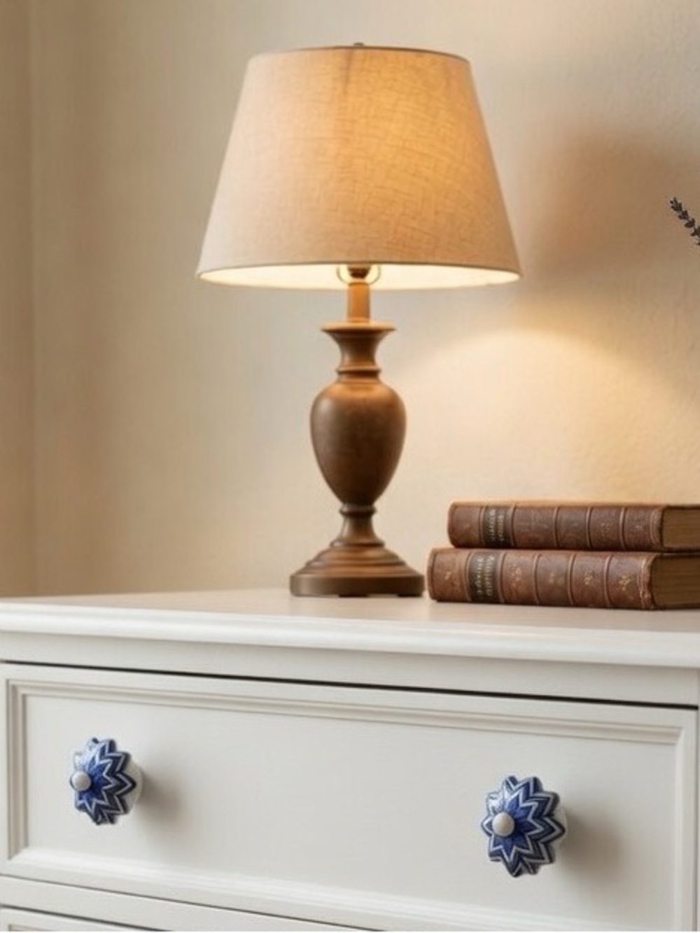Set of 2 Blue & White Ceramic Melon Knobs Drawer Pulls Boho Chevron DIY Project